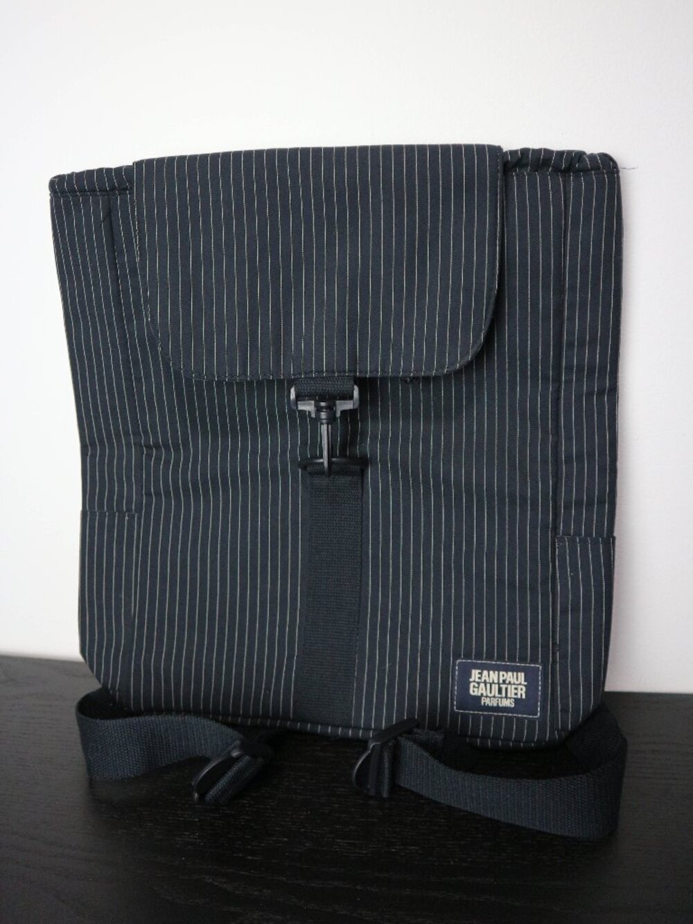 Jean Paul Gaultier Parfums Pinstripe Backpack Navy Blue Nylon Logo Bag
